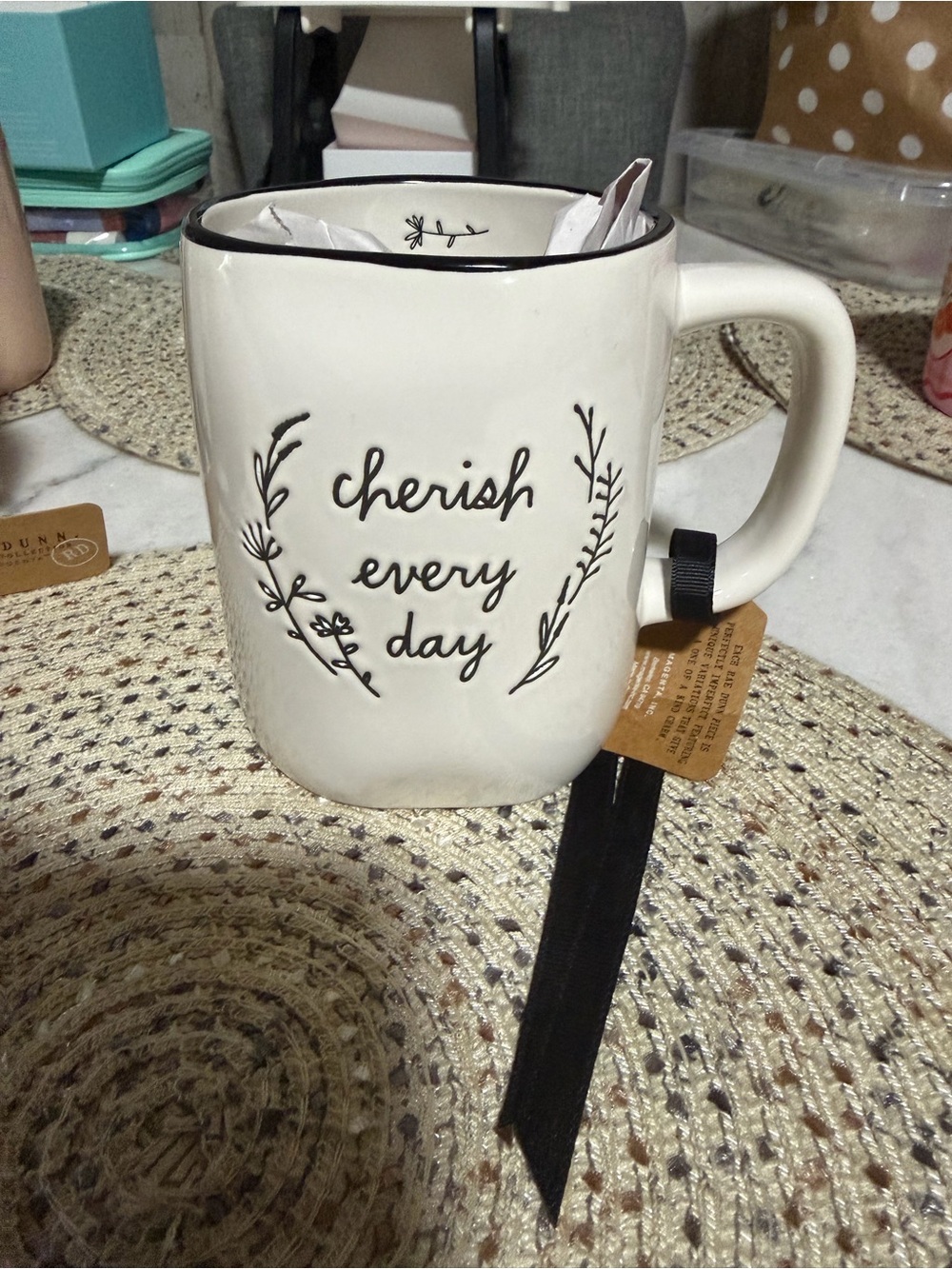 Rae Dunn White Mug with Black Script "cherish every day"